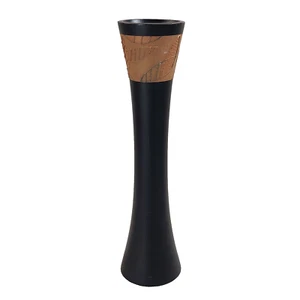 Concaving Wood Vase Black & Gold With Embossed Leaf Design Made In Thailand 31cm - Picture 1 of 8