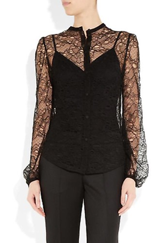 Top blusa Alexander McQueen nero rosa trasparente pizzo floreale manica a palloncino 42 10