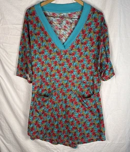 Natural Life Floral Midikleid XS 100% Baumwolle rot Blumen türkis Oversized bequem - Bild 1 von 6