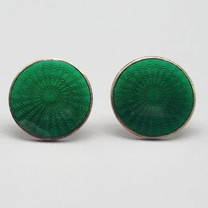 Vtg Opro Green Guilloche Earrings Sterling Silver Norway Gold Gilt 925 READ - Picture 1 of 8