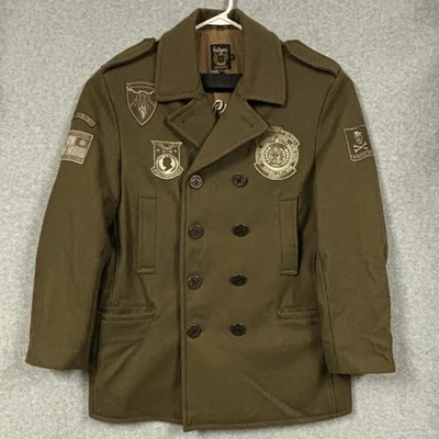 Schott Mens XL Navy Pea Coat Brown 7th Fleet Task Force 77 Patch Jacket Rare - Image 1 of 4