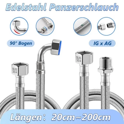 Flexschlauch Edelstahl Panzerschlauch AG x IG & 90° Bogen Länge:20cm ~ 200cm - Bild 1 von 4
