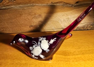 Vintage Fenton Glass Ruby Red Hand Painted Bird Figurine, artist Signed 6" - Picture 1 of 8