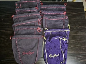 Menge 10 Crown Royal Kordelzugbeutel - 8 schwarz mit roten Nähten & 2 lila - Bild 1 von 3