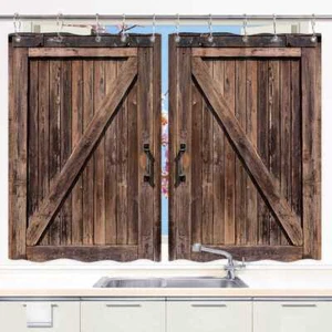 Country Wood Door Rustic Kitchen Curtains Window Drapes 2 Panel Set with Hooks - Picture 1 of 10