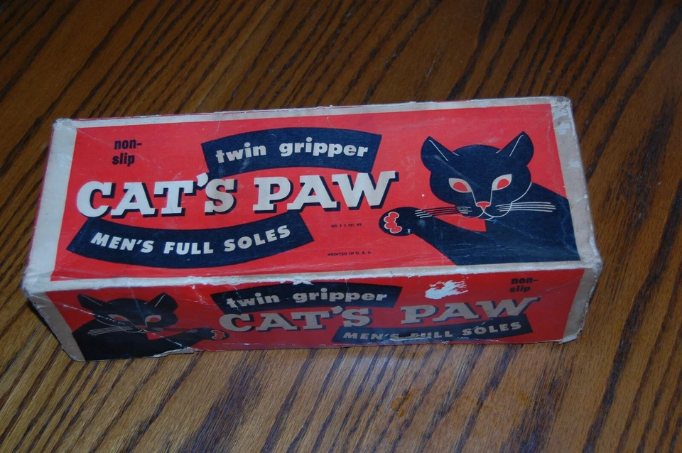 Cartel de caja vintage de pata de gato 14x5,5" publicidad suelas de zapatos reparación cartón Foto 1 de 4