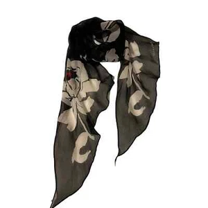 Ellen Tracy Scarf Silky Black Large White Roses Red Center Sheer 11 x 60 Angled - Picture 1 of 5
