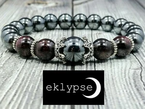 LUXE 8"L Silver Crowns 10mm Red Garnet+Hematite Gemstone Beaded Men's Bracelet - Picture 1 of 8