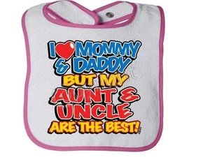 Ich liebe Mama & Papa, aber meine Tante & Onkel BESTE Kaninchenfelle Säugling Druckknopf Lätzchen - Bild 1 von 5