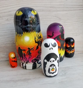 Decorazioni Halloween Nidificazione Bambole per Bambini Dipinte a Mano Legno Educativo Giocattoli - Foto 1 di 12
