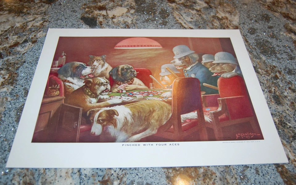Vintage Dog Poker Art Print -" Pinched with 4 Aces" by Coolidge  NOS - Image 1 of 1