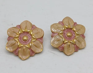 Pendientes Clip Vintage Tono Dorado Floral Esmalte Rosa Beige - Imagen 1 de 6