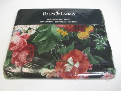 Rare New Ralph Lauren ISADORA COSSETTE Black Floral Flat Sheet - Queen - Image 1 of 4