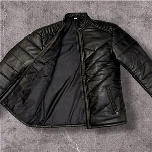 Men's Genuine Soft Leather Puffer Jacket Winter Quilted Lightweight Biker Jacket - Picture 1 of 4