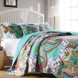 PAISLEY JEWEL 3pc FULL / QUEEN QUILT SET : COTTON TURQUOISE GREEN NIRVANA BOHO
