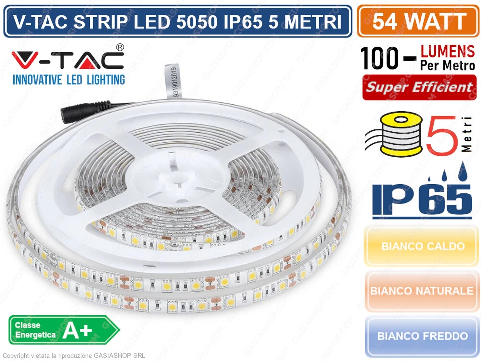 V-TAC STRISCIA LED 5050 IMPERMEABILE MONOCOLORE 300 LED BOBINA DA 5 METRI IP65 - Immagine 1 di 4