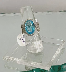 RING - Ovaler Aquamarin Edelstein / weiße Saphire Akzente 925 S Damen Gr. 5,75 - Bild 1 von 13