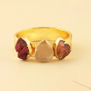 Unique Ruby With Fire Moonstone Gold Plated Statement Wedding Jewelry Round Ring - Picture 1 of 3