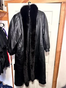 VTG Rallee Thermolite Genuine Leather Dyed Fox Fur Trim Overcoat Womens L Black - Picture 1 of 9