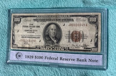 1929 J  $100 Federal Reserve Bank Note KANSAS CITY From PCS Stamps And Coins. - Image 1 of 2