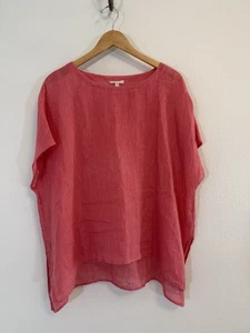Eileen Fisher Cover Up Women Petite Large Pink White Striped Linen Flown Beach - Picture 1 of 11