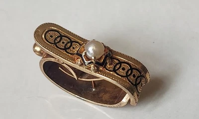 18K Gold Antique Estate French Victorian Pearl Enameled Scarf Clip 5 grams - Image 1 of 4