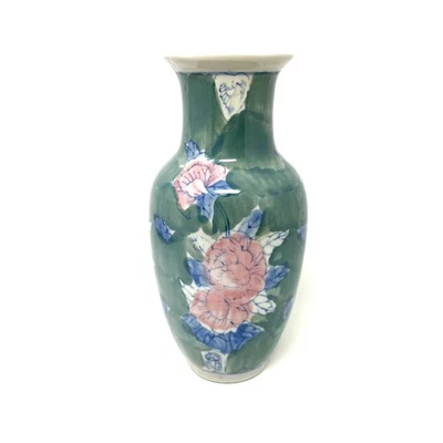 Jarrón chino asiático vintage pintado a mano floral mediados de siglo chinoiseries de cerámica Foto 1 de 4