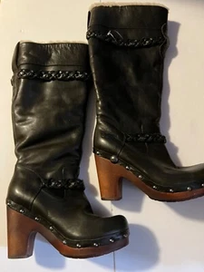 UGG Australia braided Women 5.5 Black leather Boots clog knee high - Picture 1 of 8