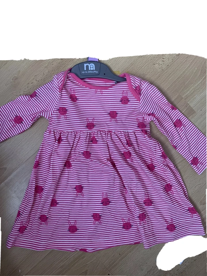 Girls Cotton Mothercare Dress Pink/White Stripes/ Cats Face 9-12 months