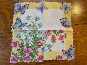 Vintage Unused Hanky Blue Butterflies & Bluebells & Pink Poppies Scalloped NOS - Picture 1 of 8
