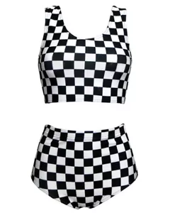 Monocromo Cuadros Cuadrados Top Corto Bikni Fondo Co-Ord Twin Set Bañador - Imagen 1 de 2