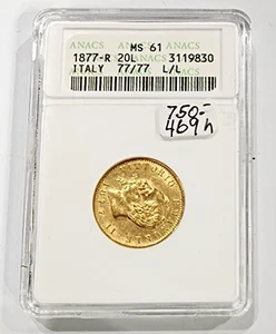 1877-R, 20 Lire Italian Gold Coin 77/77 MS61 ANACS - Picture 1 of 2