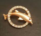 Stunning Gold Tone And Crystal Dolphin Brooch 