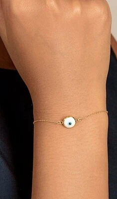 White Stunning 14K Solid Gold Evil Eye Bracelet  For Women - 7” Adjustable - Image 1 of 4