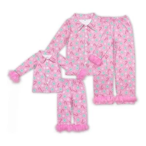 Mommy and Me Christmas Button Up Pajama Set Candy Cane Sleeping Wear With Fur - Picture 1 of 3