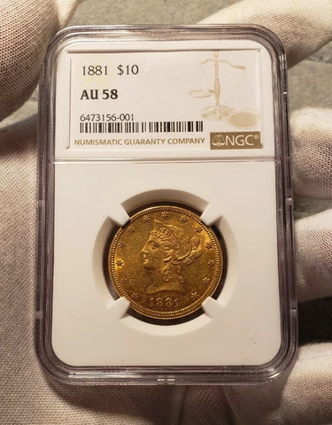 1881-P G$10 NGC AU58 1881 Ten Gold Liberty Eagle $10 in Brand New Slab Cover