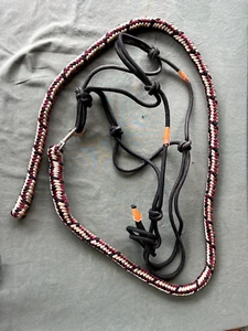 Black horse sized rope halter with multi color (Maroon/Cream/Black) 6 ft lead - Picture 1 of 5