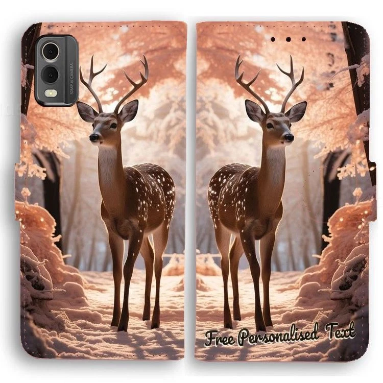 Funda de teléfono billetera de texto personalizada para Nokia Series - Ciervos en bosque de nieve Foto 1 de 1
