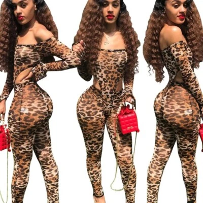 S M L senza Cuciture Leopardato Tuta Set Top Manica Lunga + Vita Alta Leggings - Immagine 1 di 4