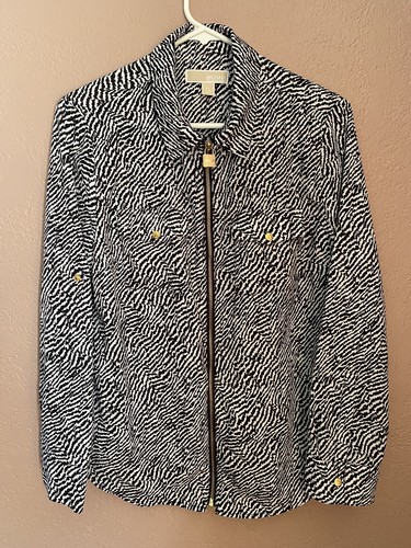 Top donna Michael Kors taglia P LZebra stampa cane targhetta zip davanti manica lunga setoso