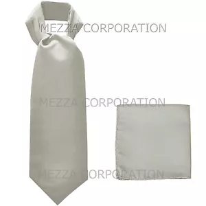 New Vesuvio Napoli Men's Polyester Ascot Cravat Necktie Hankie Solid Silver - Picture 1 of 3