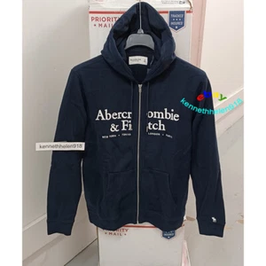 ABERCROMBIE & FITCH FULL ZIP EMBROIDERED LOGO HOODIE NAVY BLUE MENS SIZE MEDIUM - Picture 1 of 10