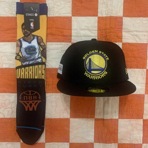 NWT New Era 59Fifty 7 1/2 & Steph Stance Socks Large Golden State Warriors Lot Cover