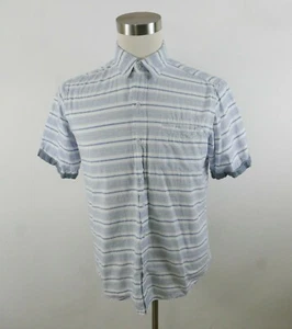 PD&C Mens Cotton SS Button Up Blue White Striped Casual Dress Shirt Medium - Picture 1 of 8