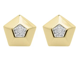 10k Yellow Gold Round Pave Diamond 10mm 3D Pentagon Studs Earrings 0.10 ct - Picture 1 of 4
