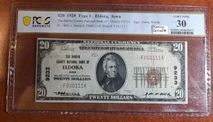 National Bank Note 1929 Series $20 Eldora, Iowa Fancy Serial Number - Picture 1 of 2