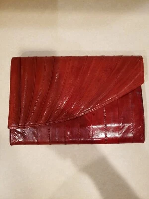 Genuine Eel Skin Clutch Purse Diagonal Flap Handbag Vintage Brown - Image 1 of 4