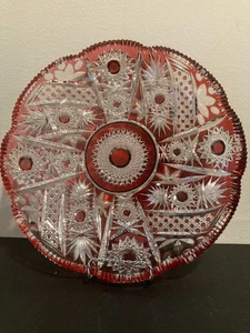 Bohemian Large Cut to Clear Crystal Cranberry Red Glass Plate Shallow Bowl 11" - Picture 1 of 14