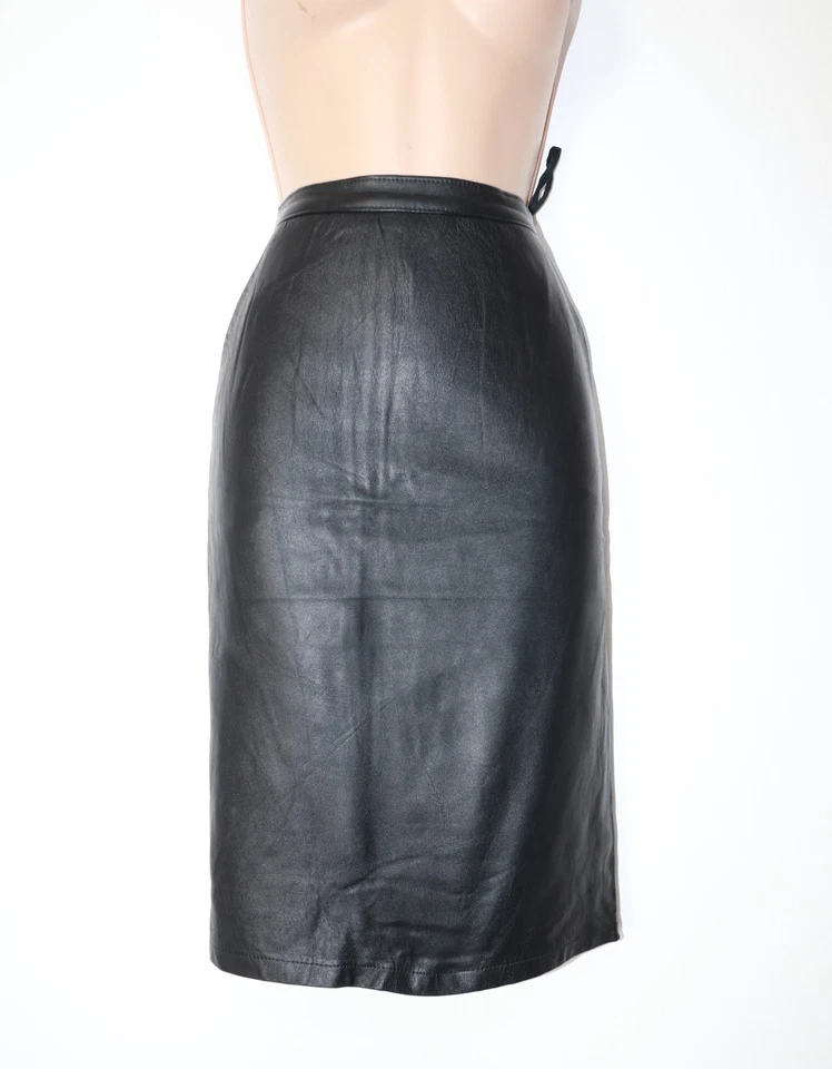 Women's Vintage Black Soft 100% Leather Straight Pencil Lined Midi Skirt UK8 W26 - Image 1 of 4