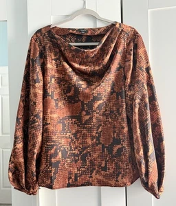 Blusa Ann Taylor Floral Cuello Capucha XL Top Manga Larga Marrón Estampado Animal - Imagen 1 de 5